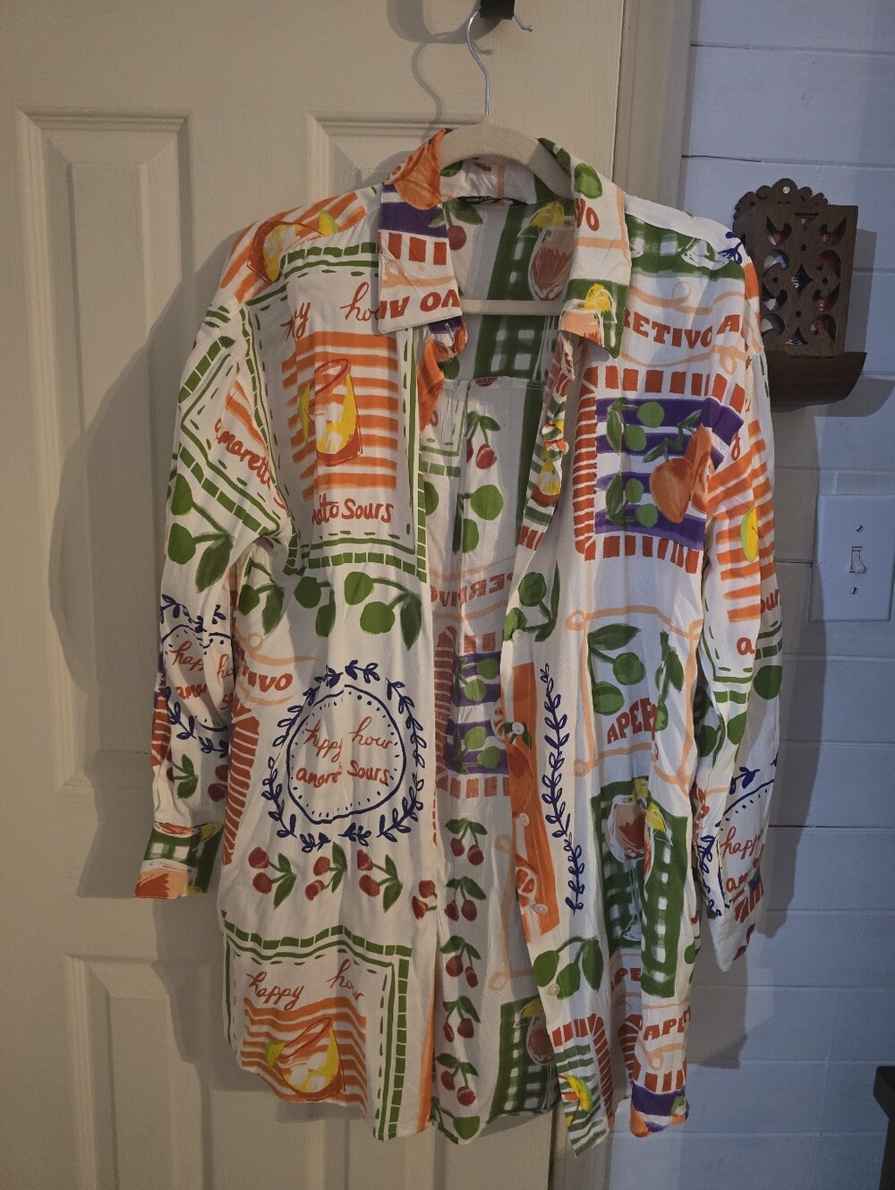 White Button-Up Shirt with Multicolor Fruit Print
